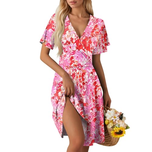 leinenkleider Damen Sommer lang Damen Kleid Kurzarm V-Ausschnitt Sommerkleid Knielang Elegante Strandkleid Boho Blumenkleid Rüschen Saum Wickelkleid Strandkleid A Linie Partykleid E Pink XL von Generic