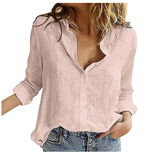leinenshirt Damen leichte Sommer-Tunika Bluse große größen Einfarbig Baumwoll Leinen Revers Langarm Musselin Oberteile Summer Tops Wickelbluse(Rosa, XXL) von Generic