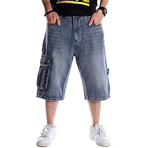 liangduming Herren Shorts Mit Cargotaschen Moto Loose Washed Fashion Kurze Hose Unter Dem Knie Baggy Hip Hop Jeans Mit Seitentaschen (42,Blau) von Generic