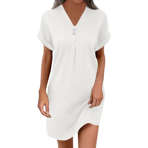 maxikleid Damen Sommer summ Kleider Einfarbig V-Ausschnitt Kurze Ärmel Kurz Kleid pareos & Strandkleider Langarm(Weiß, XXL) von Generic