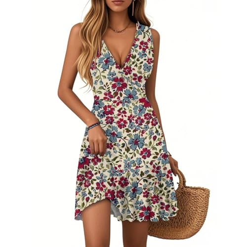 midi Kleid Damen Sommer Damen Kleider Sommer Ärmellos Strandkleid V-Ausschnitt Blumenmuster Rüschen Swing Sommerkleid Hohe Taille Festlich Leichte Freizeitkleid für Urlaub B Multicolor M von Generic