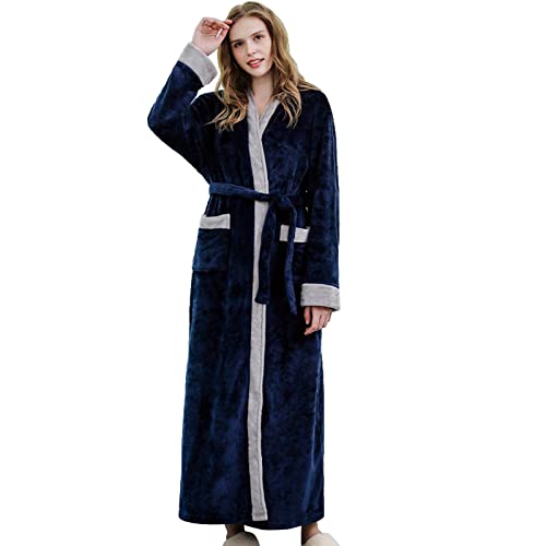 mit Gürtel Roben Fleece Kapuze Plus Size Bademantel Frauen Weiche Robe Lange Winter Herbst Wolle Gefüttert Warm Solid Casual Baumwolle Bademantel Damen Hausmäntel/Roben Bequeme Nachthemden, navy, 38 von Generic