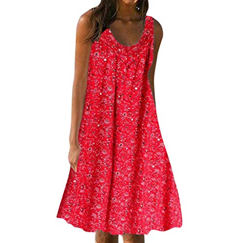 mollige Frauen Sommerkleid Damen Rundhals Spitze Druck Große Größen Strandkleid Damen Knielang Tunika Kleider Ärmellos T-Shirt Kleid A Linie Blumenkleid Trägerkleid Damen(Rot,3XL) von Generic