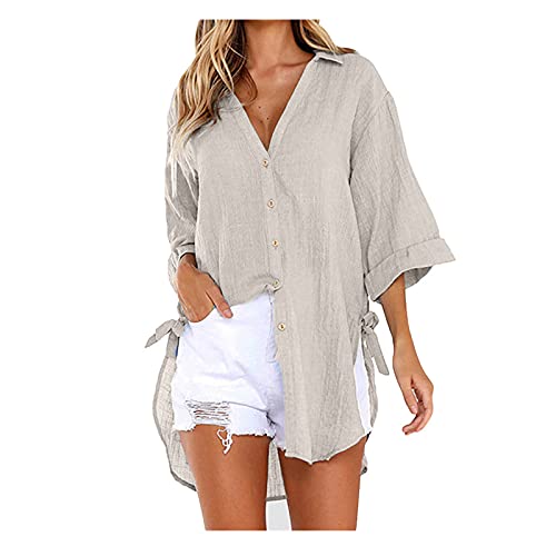 muselinbluse Damen t Shirt Kleider Sommer Oberteile Einfarbiges Langarm Revers Seitlich Geknotetes leinen Bluse Hemd mit Knöpfen blusenshirt (Khaki, L) von Generic