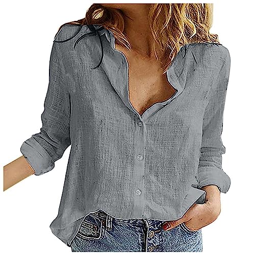musselin Bluse Damen Baumwollbluse Tunika weiß Einfarbig Baumwoll Leinen Revers Langarm Oberteile große größen Sommershirt(Grau, XXL) von Generic
