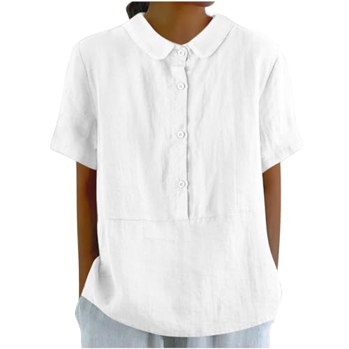 musselin Bluse Damen Oversized hemdbluse Oversize Hemd Einfarbig Baumwoll Leinen Revers Kurzarm Tunika Shirt(Weiß, XL) von Generic