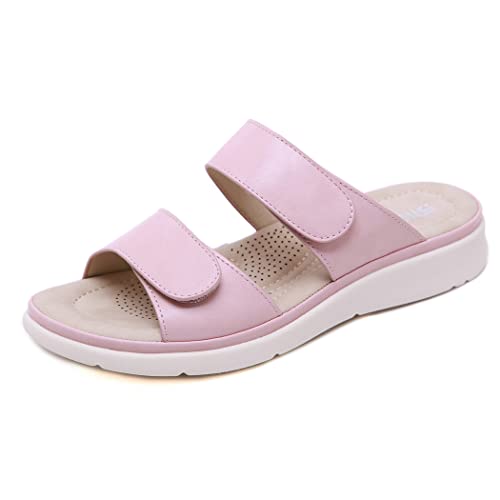 pantoletten damen leder Hausschuhe Flach Sommer hell schwangere Frauen urlaub strand Slipper rutschfest Freizeit Klettverschluss Slip On (Pink, numeric_38) von Generic