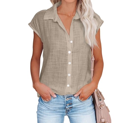 retourenkauf-7-99-günstiger Bluse leinen Tunika Sommer longtunika Einfarbig Baumwoll Revers Kurzarm Musselin Hemd Oversize trachtenhemden(Khaki, S) von Generic