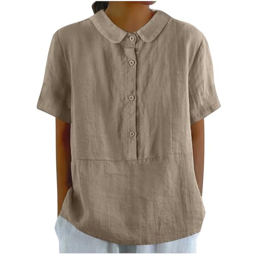 retourenkauf-7-99-günstiger Bluse leinen Tunika Sommer longtunika Einfarbig Baumwoll Revers Kurzarm Musselin Hemd Oversize trachtenhemden(Khaki, XXL) von Generic