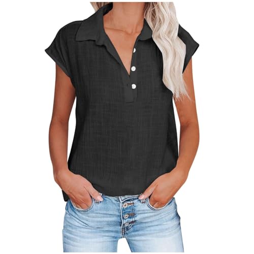 retourenkauf-7-99-günstiger leinenbluse Damen Kurzarm Bluse leinen Sommer blusen Einfarbig Baumwoll Revers Musselin Tunika top Tuniken(Schwarz, L) von Generic