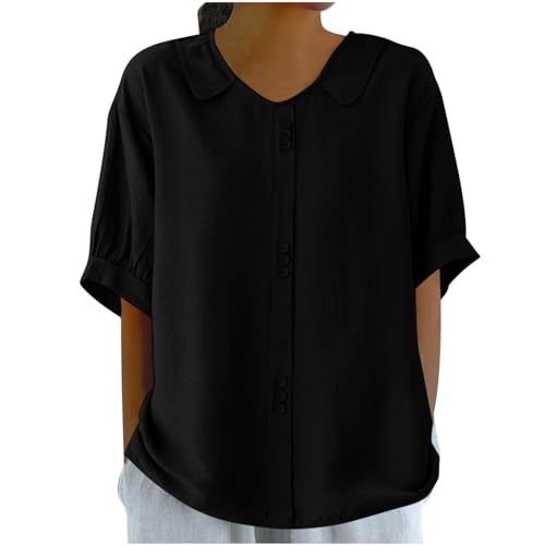 retourenkauf-7-99-günstiger leinenbluse Damen Kurzarm Bluse leinen Sommer blusen Einfarbig Baumwoll Revers Musselin Tunika top Tuniken(Schwarz, XXL) von Generic