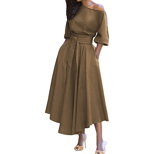 rotes Kleid Damen midi Kleider Damen Lange Abendkleider Schräge Schulterkragen Halben Ärmeln Einfarbig Maxikleid mit Gürtel Partykleid mit Tasche sommerliches Kleid (S, Khaki) von Generic