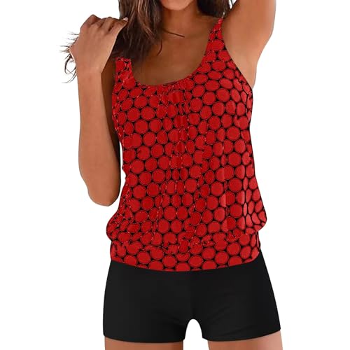 Generic Damen Tankini Set, Bademode Tankini Top und Shorts, Armeegrün Colorblock, Badeshorts, Größe L, Rot von Generic
