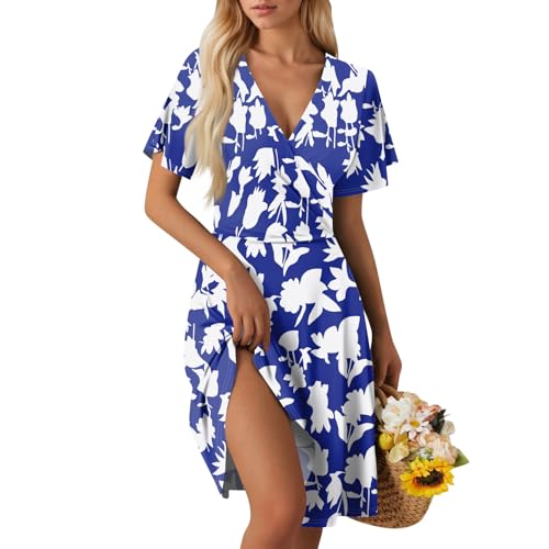 spaghettiträger Kleid Sommerkleid Damen V Ausschnitt Kurzarm Strandkleid Knielang Blumen A-Linie Kleid Loose Swing Freizeitkleid Summer Dress Tshirt Kleider Leicht und Luftig A Royal Blue S von Generic