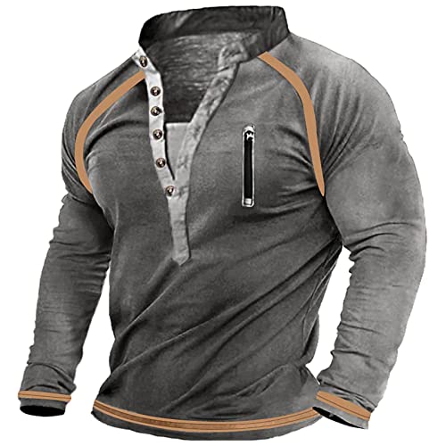 sport tshirts herren Retro Henley Shirt V-Ausschnitt Vintage Casual T-Shirts Pullover Herren Freizeithemd Sweatshirt mit Knöpfe T-Shirts Outdoor Regular Fit Trainingsshirtlangarmshirt (Light Gray,3XL) von Generic