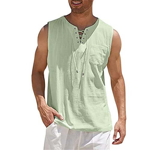 t-Shirts für Herren Baumwolle Herren Frühling und Sommer Tops Casual Sport Ärmelloses Top Baumwolle Leinen Weste Solide Fitness Muscle Tank Top Cool Sommer Muskelshirt (Green, M) von Generic