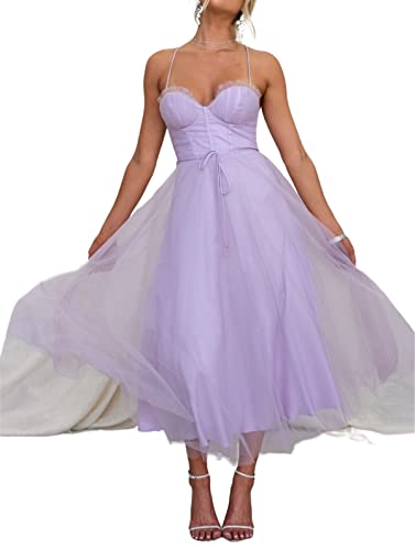 tgojswa Damen-Kleid, ärmellos, Wickelkleid, V-Ausschnitt, Netzkleid, großer Swing, Hochzeitsgäste, gestufte Maxikleider, Violett, Groß von Generic