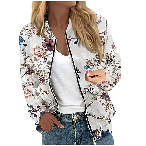 üBergangsjacke Damen Sommer,Damen-Jacken,Bomberjacke Damen Casual Sommer Übergangsjacke Sommerjacke mit Reißverschluss Langarm Leichte Pilotenjacke Kurze,Beige,M von Generic
