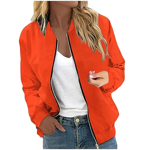 üBergangsjacke Damen Sommer,Damenjacken FrüHjahr Sommer,Bomberjacke Damen Kurze Blouson Jacke Casual Pilotenjacke Langarm Outwear Zip Up Solid Leichte Coat Bequeme Sweatjacke,Orange,S von Generic