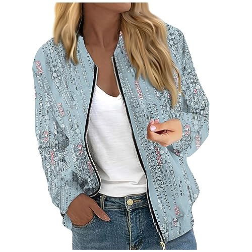 üBergangsjacke Damen Sommer,Jacke Damen,Bomberjacke Damen Casual Sommer Übergangsjacke Sommerjacke mit Reißverschluss Langarm Leichte Pilotenjacke Kurze,blau,XXL von Generic