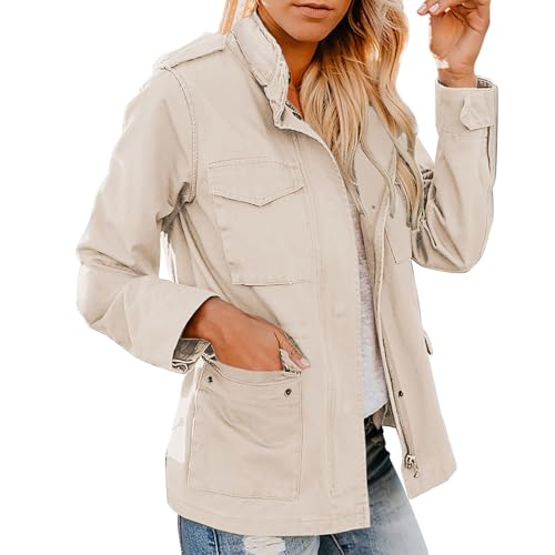 übergangsjacke Damen Damen Anorak Jacke mit Reißverschluss und Druckknopf, Parka, Utility-Mantel, Oberbekleidung mit Taschen Jacke Damen Schwarz übergang Damen Laufjacke Dünn (Beige, L) von Generic