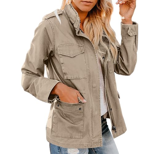 übergangsjacke Damen Damen Anorak Jacke mit Reißverschluss und Druckknopf, Parka, Utility-Mantel, Oberbekleidung mit Taschen Jacke Damen Schwarz übergang Damen Laufjacke Dünn (Khaki, L) von Generic