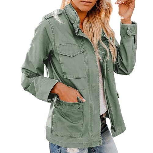 übergangsjacke Damen Damen Anorak Jacke mit Reißverschluss und Druckknopf, Parka, Utility-Mantel, Oberbekleidung mit Taschen Jacke Damen Schwarz übergang Damen Laufjacke Dünn (Mint Green, XL) von Generic