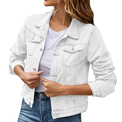 übergangsjacke Damen Parka Lang Damen Basic Solid Color Button-Down-Denim-Baumwolljacke mit Taschen Jeansjacke Mantel Parka Damen übergangsjacke Jacke Damen Regen (White, XL) von Generic