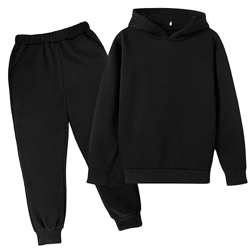 weihnachtsgeschenke Kinder Kinder Casual Einfarbig Langarm Hoodie Pullover Sweatshirt Trainingsanzug Jogger Jogginghose Unisex 2 PC Sweatsuit Set T Shirt Gelb (X-50-Schwarz, 13-14 Years) von Generic