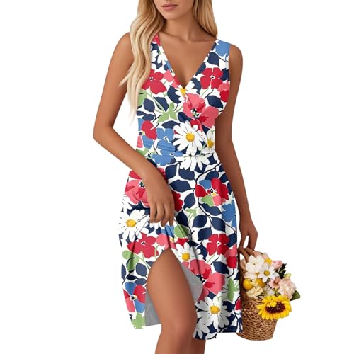 wickelkleid Damen Sommerkleid Ärmellose Elegante V-Ausschnitt Kleider Swing Kurz A-Linie Freizeit Strandkleid Strandkleid Leichte Lässige Minikleid für Urlaub A Watermelon Red XL von Generic