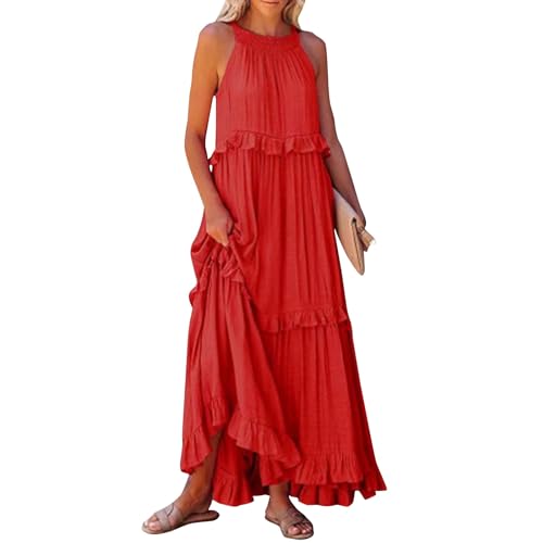 wickelkleid Damen Sommerkleider Lange Kleid weiß lang Einfarbig V-Ausschnitt Ärmellose Maxi Boho schlankmacher(Rot, S) von Generic