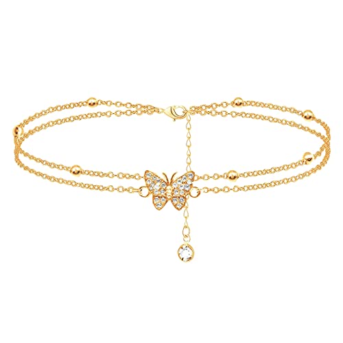 wojonifuiliy01 Armband Damen Boho Doppel Fußkettchen für Frauen Schmetterling Anhänger Fußketten Schmetterling Charme Strand Armband Fußkettchen (Gold, One Size) von Generic