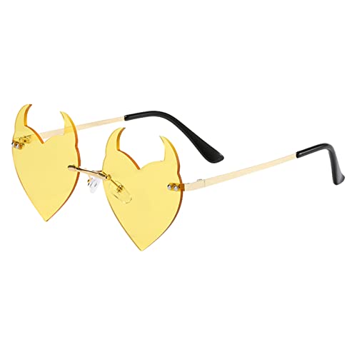 wojonifuiliy01 Brillen Böses Herz randlose lustige Party süße Sonnenbrille 2022 leere Sonnenbrille Namensmarken-Sonnenbrille Koteletten Brille (Yellow, One Size) von Generic