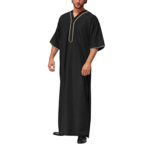 wojonifuiliy01 Herren Muslimische Kleidung, Islamische Gebetskleidung für Männer-Muslimische Kleider Lässiges Kurzarm Ärmel Dubai Robe Islamische-Kostüm mit Tasche, S bis 5XL (Black, XXXXL) von Generic