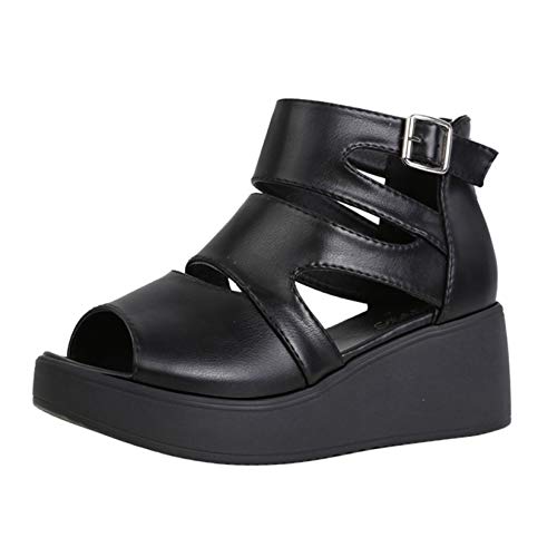 Damen Gladiator Sandalen Flexibler Knöchelriemen Schnalle Peep-Toe Deep Mouth rutschfeste Plattform Weiche Schwarze Keilschuhe von Generic7