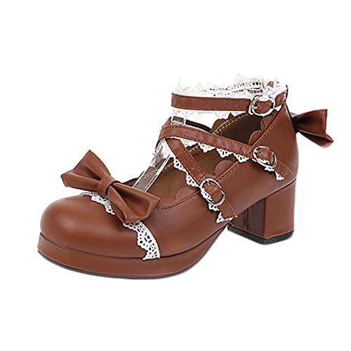 Damen Mary Jane Schuhe Sweet Lace Bow-Knot Round Toe Buckle Strap Lolita Schuhe Mid Block Heel rutschfeste Plateau Lederschuhe für Hochzeit von Generic7