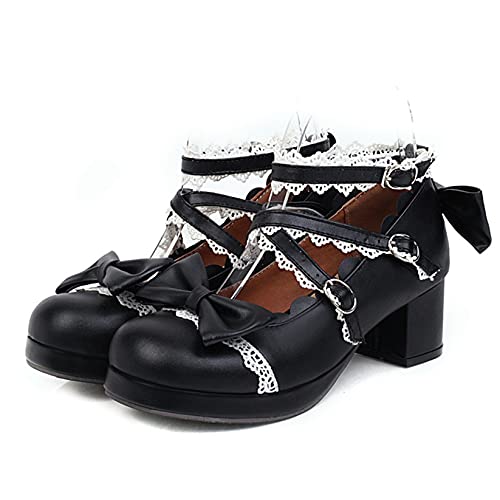 Damen Mary Jane Schuhe Sweet Lace Bow-Knot Round Toe Buckle Strap Lolita Schuhe Mid Block Heel rutschfeste Plateau Lederschuhe für Hochzeit von Generic7