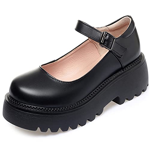 Frauen Mary Jane Schuhe Retro Runde Zehen Schnalle Riemen Anti-Rutsch-Plattform Einfarbige College-Stil Lederschuhe von Generic7