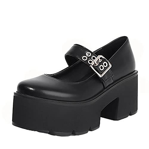 Frauen Plateau Mary Jane Schuhe Einfarbig Lackleder Schnalle Lolita Schuhe Klassische Blockabsatz Atmungsaktive Gothic Lederschuhe für Cosplay von Generic7