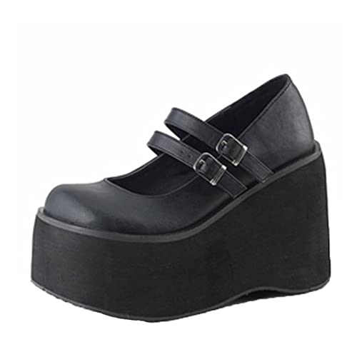 Generic7 Damen Plateau Mary Jane Schuhe Klassische runde Zehe Doppelschnallenriemen Lolita Schuhe Lackleder Keilabsatz Anti-Rutsch Goth Schuhe für Party von Generic7