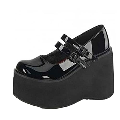 Generic7 Damen Plateau Mary Jane Schuhe Klassische runde Zehe Doppelschnallenriemen Lolita Schuhe Lackleder Keilabsatz Anti-Rutsch Goth Schuhe für Party von Generic7