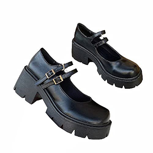 Generic7 Damen Plattform Mary Jane Schuhe Lackleder Leichte Doppelschnalle Riemen Verschleißfeste lässige runde Zehen klobige Schuhe für Cosplay von Generic7