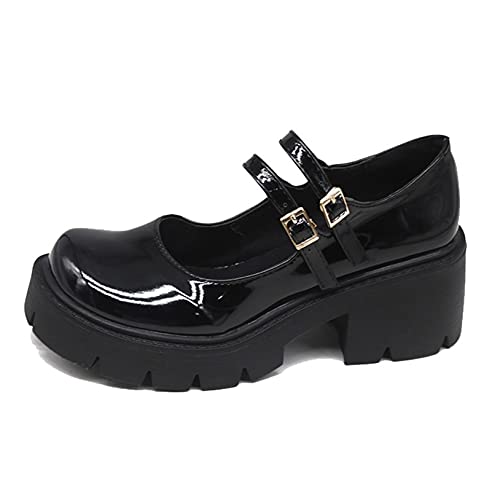 Generic7 Damen Plattform Mary Jane Schuhe Lackleder Leichte Doppelschnalle Riemen Verschleißfeste lässige runde Zehen klobige Schuhe für Cosplay von Generic7