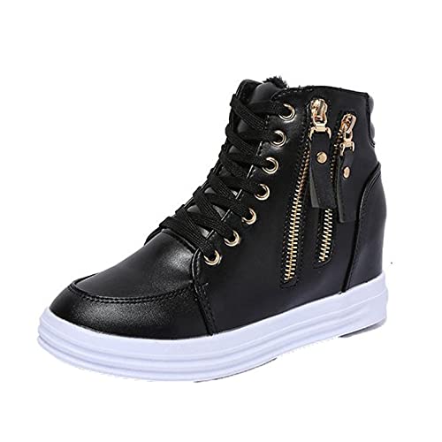 Generic7 Damen Turnschuhe Doppelreißverschluss Schnürung Einfarbig Chunky Schuhe Versteckte Keilabsatz Anti-Rutsch-Plattform High-Top Freizeitschuhe von Generic7