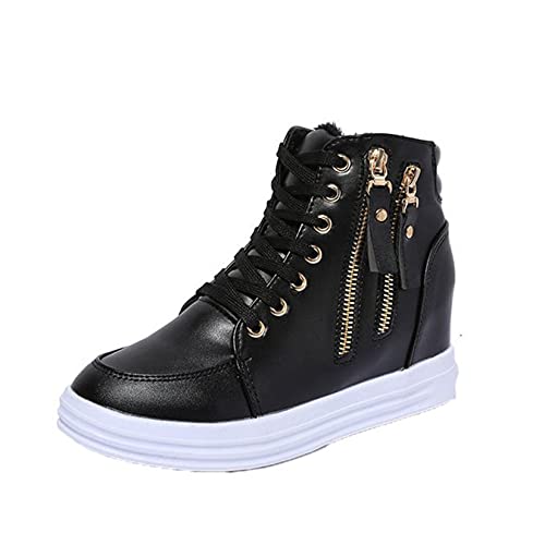 Generic7 Damen Turnschuhe Doppelreißverschluss Schnürung Einfarbig Chunky Schuhe Versteckte Keilabsatz Anti-Rutsch-Plattform High-Top Freizeitschuhe von Generic7