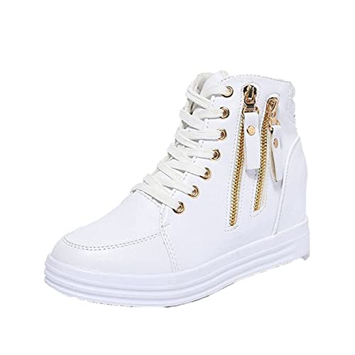 Generic7 Damen Turnschuhe Doppelreißverschluss Schnürung Einfarbig Chunky Schuhe Versteckte Keilabsatz Anti-Rutsch-Plattform High-Top Freizeitschuhe von Generic7