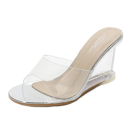 Generic7 Damen Wedge Slippers Transparente Oberfläche Peep-Toe Slip-On Stilvolle Pantoletten Verschleißfeste, prägnante Modesandalen von Generic7