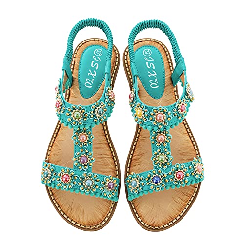 Gladiator Sandalen für Frauen Bunte Strass T-Bar Gummiband Slip-On Peep-Toe Slingback Flache rutschfeste Strandschuhe von Generic7