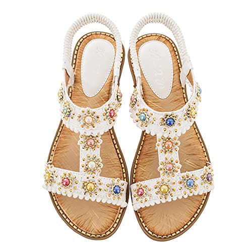 Gladiator Sandalen für Frauen Bunte Strass T-Bar Gummiband Slip-On Peep-Toe Slingback Flache rutschfeste Strandschuhe von Generic7