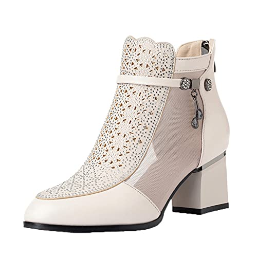 Sandalen Frauen Atmungsaktive Mesh Patchwork Strass Strich mit geschlossenem Zehen Reißverschluss mit spitzem Zehenblock Absatz Stilvolle Sommerstiefeletten von Generic7